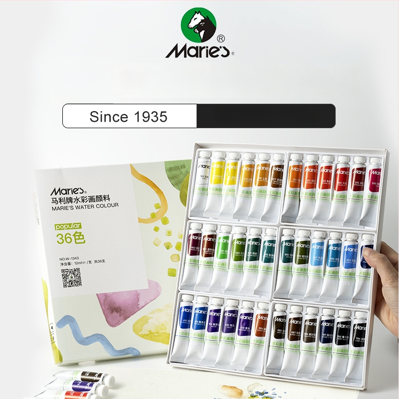 Marie’s akvarelinių dažų rinkinys – pigmentų pagrindu, 12 ml talpa, akvarelėms piešti