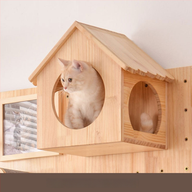 Koka sienas kaķu kāpņu rāmis ar integrētu guļvietu un plauktu, vienkāršs stils, bez urbuma