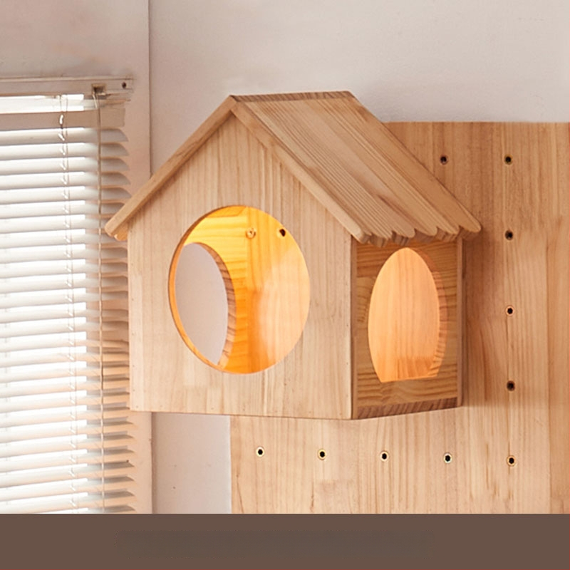 Koka sienas kaķu kāpņu rāmis ar integrētu guļvietu un plauktu, vienkāršs stils, bez urbuma