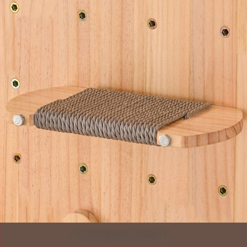 Koka sienas kaķu kāpņu rāmis ar integrētu guļvietu un plauktu, vienkāršs stils, bez urbuma