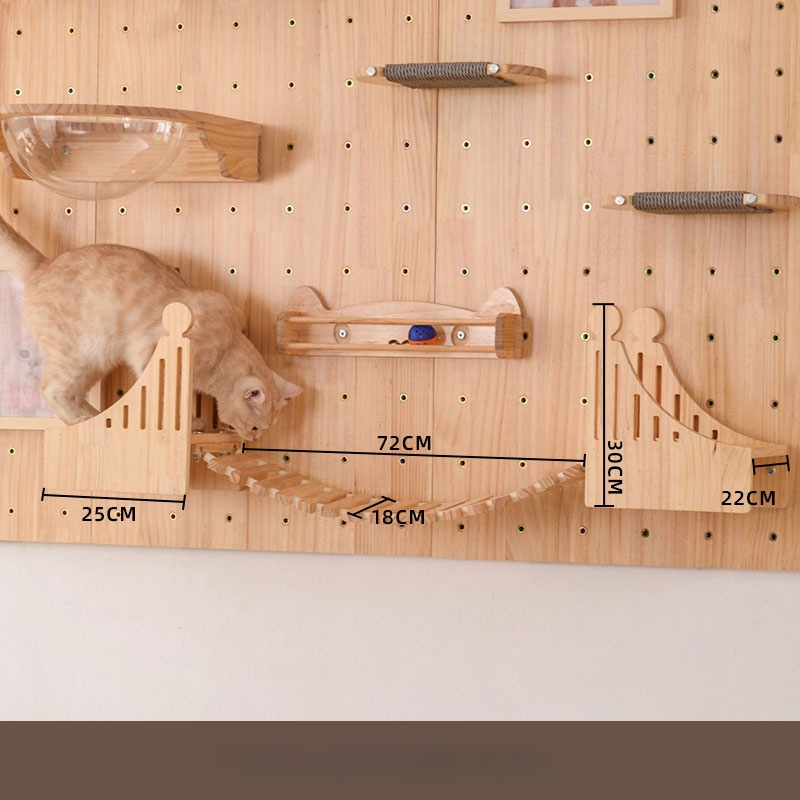 Koka sienas kaķu kāpņu rāmis ar integrētu guļvietu un plauktu, vienkāršs stils, bez urbuma