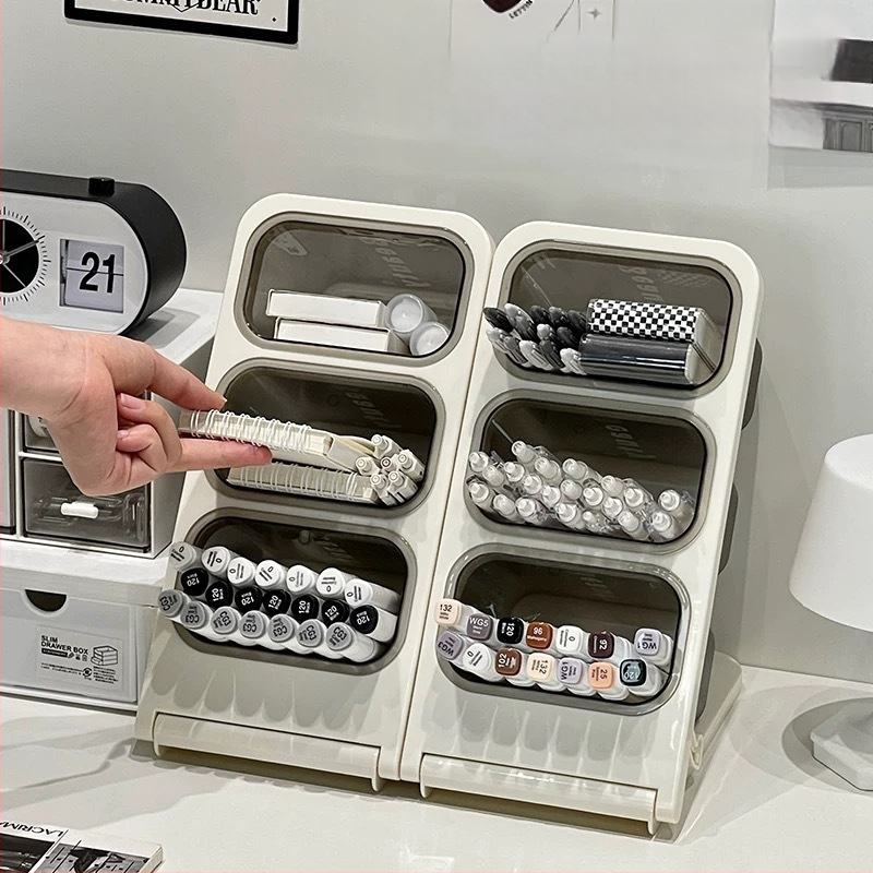 Yao Yu pildspalvu turētājs uzglabāšanas kārba, plastmasa, kvadrāta forma, liels ietilpīgums, daudzslāņains atdalāms