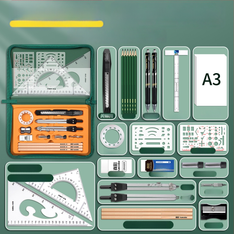23-osaline metallist mehhaanilise joonestamise komplekt tsiviilehituse ja arhitektuuri joonestuseks