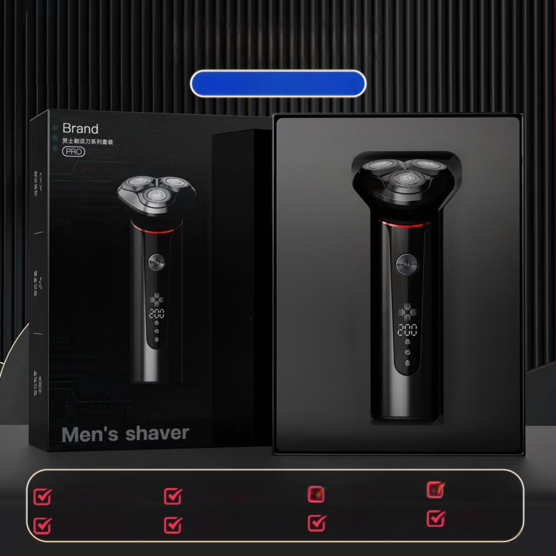 Elektrinis skustuvas su 3 peilių rotacine galvute, bešepetėlinis variklis, įmontuota įkraunama baterija, nuimama ir plaunama galvutė