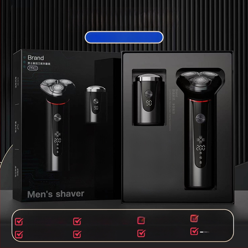 Elektrinis skustuvas su 3 peilių rotacine galvute, bešepetėlinis variklis, įmontuota įkraunama baterija, nuimama ir plaunama galvutė