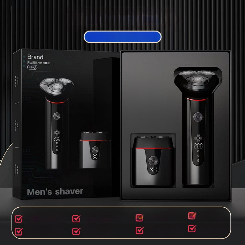 Elektrinis skustuvas su 3 peilių rotacine galvute, bešepetėlinis variklis, įmontuota įkraunama baterija, nuimama ir plaunama galvutė