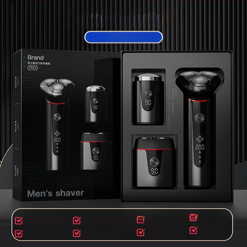 Elektrinis skustuvas su 3 peilių rotacine galvute, bešepetėlinis variklis, įmontuota įkraunama baterija, nuimama ir plaunama galvutė