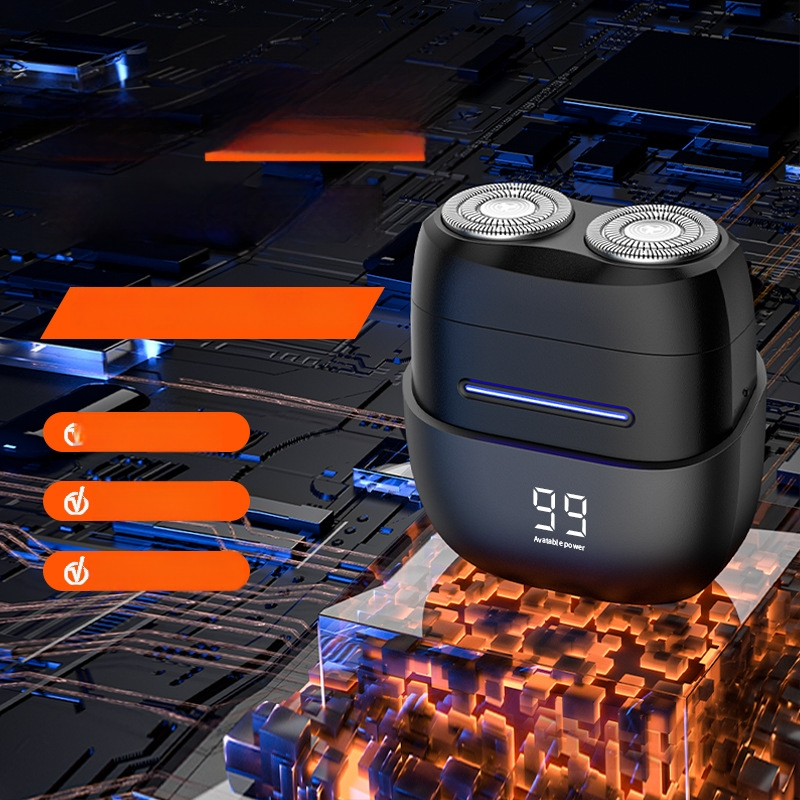 Nešiojamas elektrinės skutimosi priemonės su dviejų ašmenų rotacine galvute, plūduriuojanti galvutė, LED ekranas, įmontuota baterija, 60+ min veikimo laikas