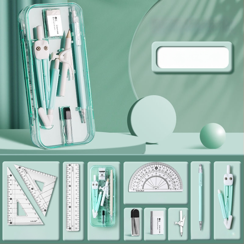 Geomeetria tööriistade komplekt õpilastele (mudel 1003; materjal: plastik; neto kaal: 120 g; komplekt sisaldab kompassi ja joonestusvahendit; pakkimine: karbis)