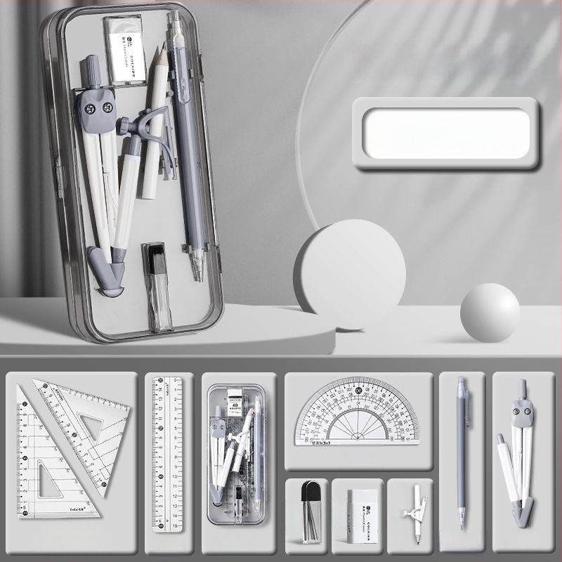 Geomeetria tööriistade komplekt õpilastele (mudel 1003; materjal: plastik; neto kaal: 120 g; komplekt sisaldab kompassi ja joonestusvahendit; pakkimine: karbis)