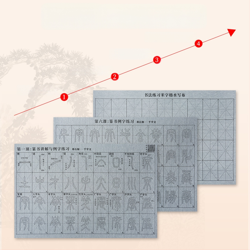 Kalligrafijos praktikos rinkinys: Seal Script šriftas, vaizdo įrašas su sinchronizuotais brėžiniais ir radikaliais, vandens rašymo audinys, šepetėlių rinkinys