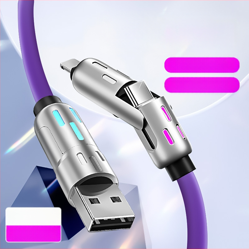 4-in-1 greito įkrovimo duomenų kabelis Apple/Android/Type-C | 240W maksimali galia | Cinko lydinys | 1 į 4 skirstytuvė