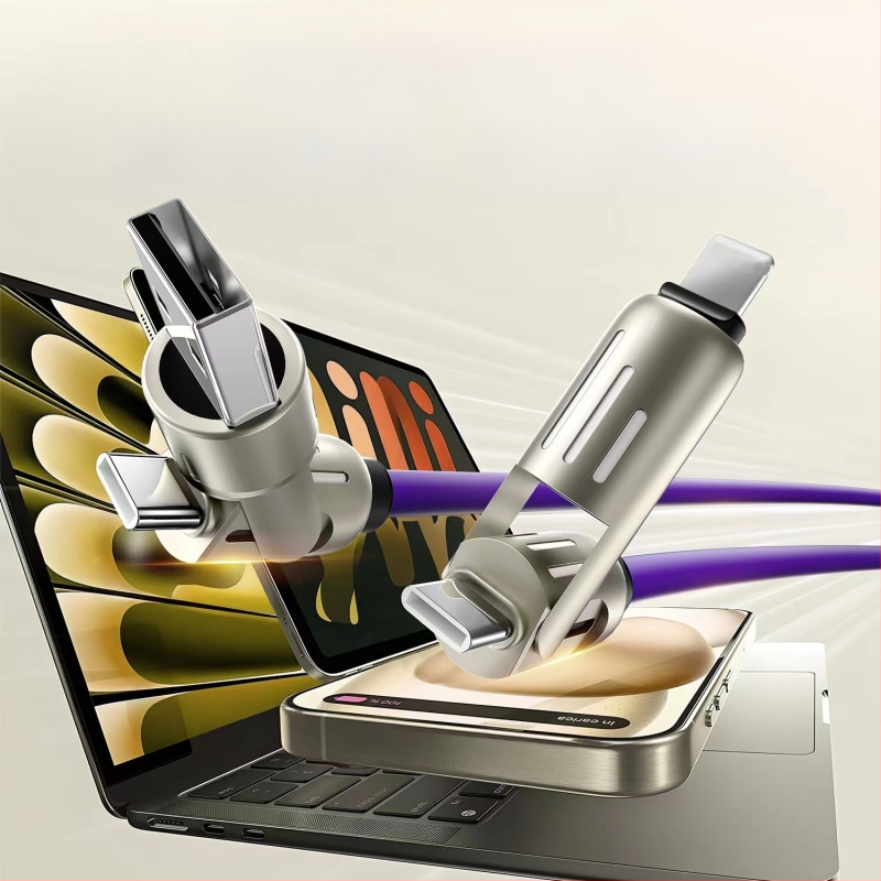 4-in-1 greito įkrovimo duomenų kabelis Apple/Android/Type-C | 240W maksimali galia | Cinko lydinys | 1 į 4 skirstytuvė