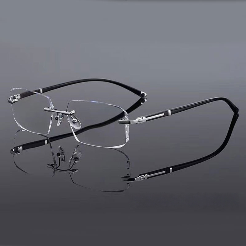 Be rėmelių skaitymo akiniai su deimanto pjovimo kraštu, anti-mėlyna šviesa, fotokromatiniai lęšiai, metalinis/PC rėmas, be rėmelių dizainas, suderinami su dioptrijomis, universalūs