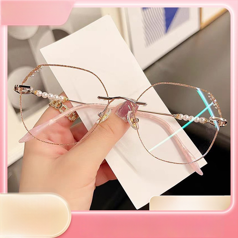 Be rame presbiopinės akinės su deimantiniu pjaustymu kraštų, didelis perlų rėmas, PC objektyvai, prieš mėlyną šviesą