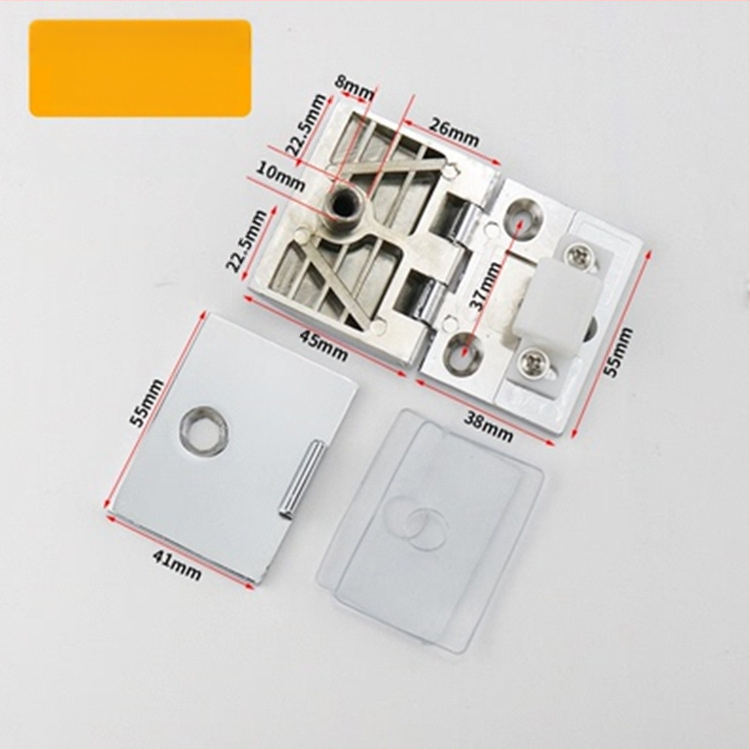 Stiklo durelių vyriukai vitrininėms spintelėms, cinko lydinys, šlifuotas ir blizgus paviršius, modernus minimalistinis stilius, vienpusiška ir dvipusė montavimas