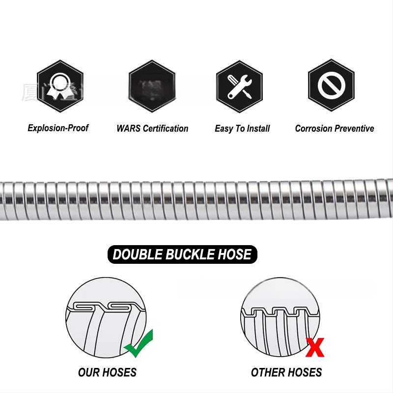 Dušo žarna DCR-2303-16, nerūdijančio plieno korpusas ir vario jungtys, EPDM vidinis vamzdelis, jungtis G1/2, 4-portai, darbinė temperatūra 0-100°C