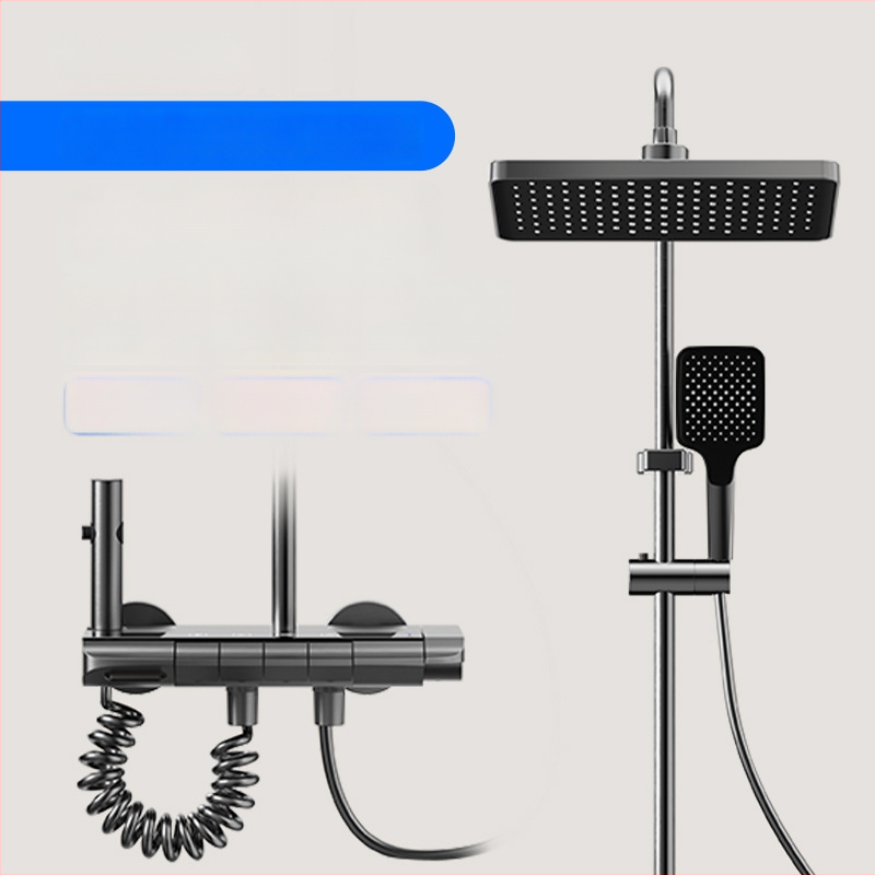 Dušo komplektas su temperatūros kontrole ir purškimo bei lietaus funkcijomis, kvadratinė Space aliuminio galva, YM-4171, paviršinis montavimas