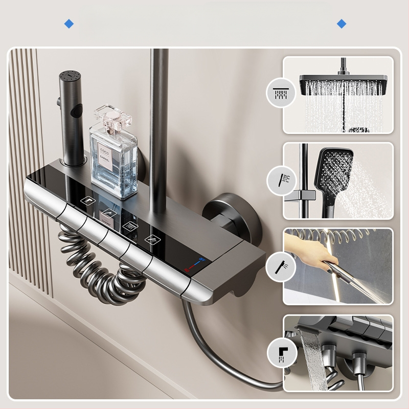 Dušo komplektas su temperatūros kontrole ir purškimo bei lietaus funkcijomis, kvadratinė Space aliuminio galva, YM-4171, paviršinis montavimas