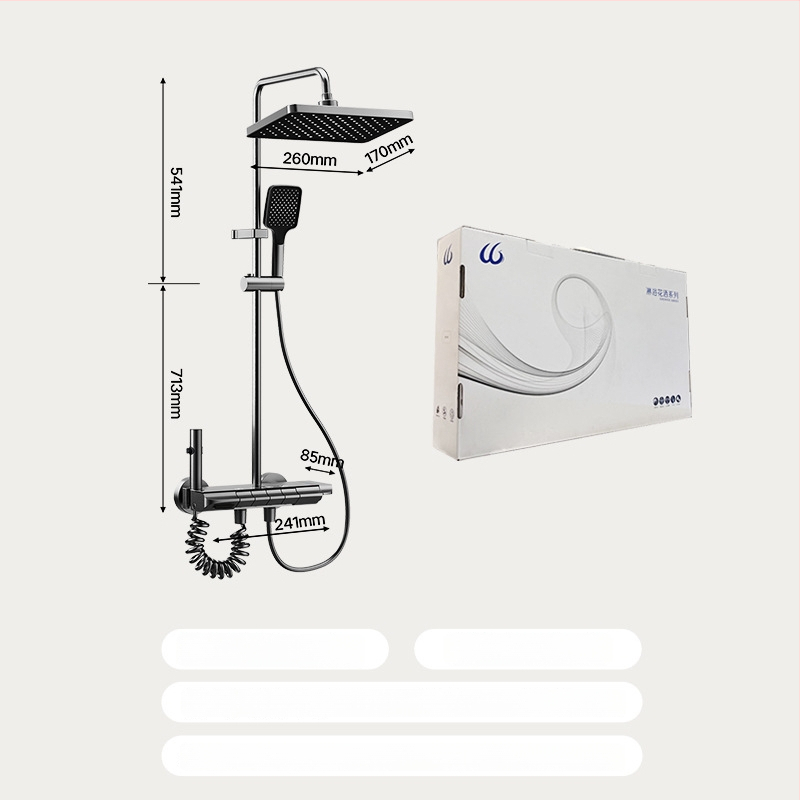Dušo komplektas su temperatūros kontrole ir purškimo bei lietaus funkcijomis, kvadratinė Space aliuminio galva, YM-4171, paviršinis montavimas