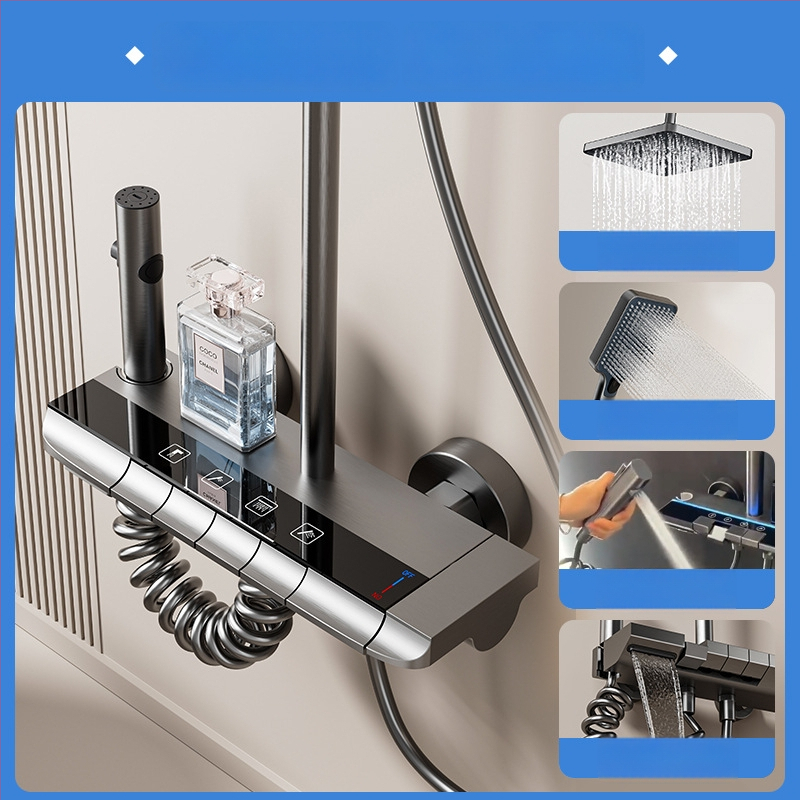 Dušo komplektas su temperatūros kontrole ir purškimo bei lietaus funkcijomis, kvadratinė Space aliuminio galva, YM-4171, paviršinis montavimas