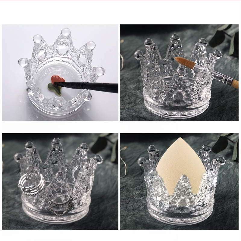 Stiklinis nagų dailės įrankių laikiklis su senovine karūnos reljefu, japonų stiliaus, krištolo puodelis ir plovimo funkcija (grynoji masė 150 g)