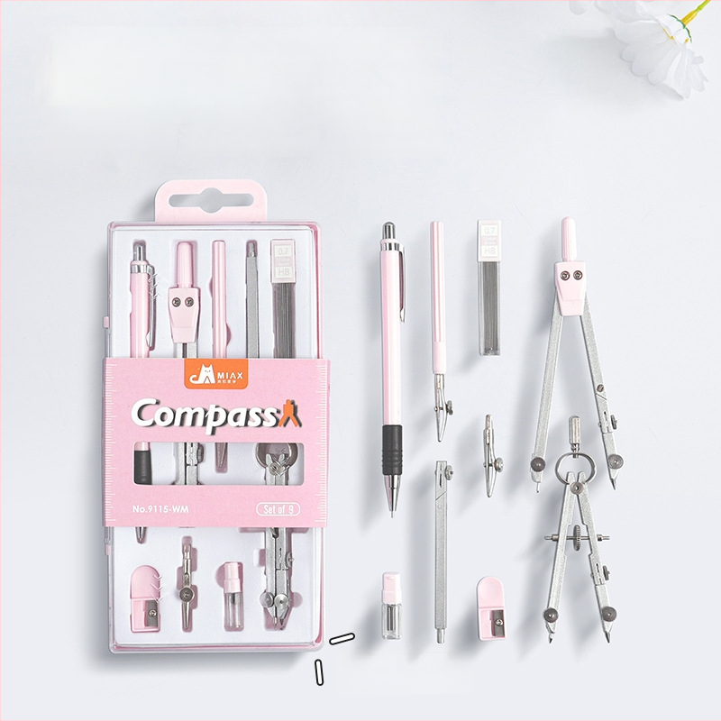 Mokiniams skirtas piešimo kompasų rinkinys, metalinis devynių dalių rinkinys, Duckbill rašiklis dizainui ir egzaminams