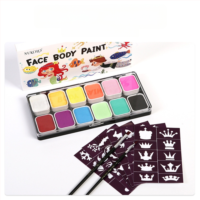 NUKOLO vees lahustuvad kehapigmendid, turvaline materjal, karbis pakendatud palett, kehamaalinguteks, litsentsiga privaatmärgid saadaval