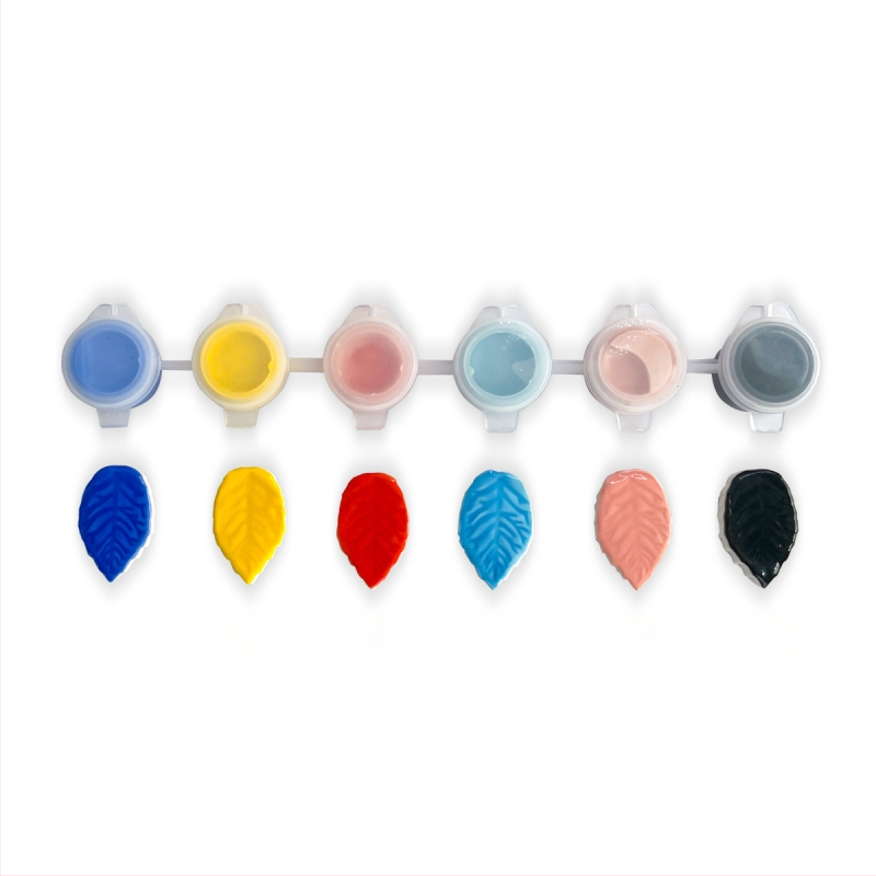 Alglazuuriga keramikapigmendi ribad – mineraalpigmentid, keskmise temperatuuriga glasuur, 3 ml per riba, 6 riba