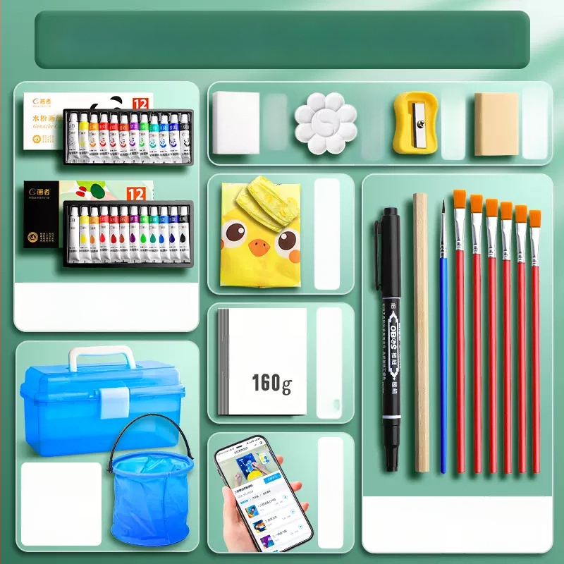 Lastele mõeldud akvarelli-guašš värvipakett, mittetoksiline ja pestav, karbis pakendatud, algkooli õpilastele