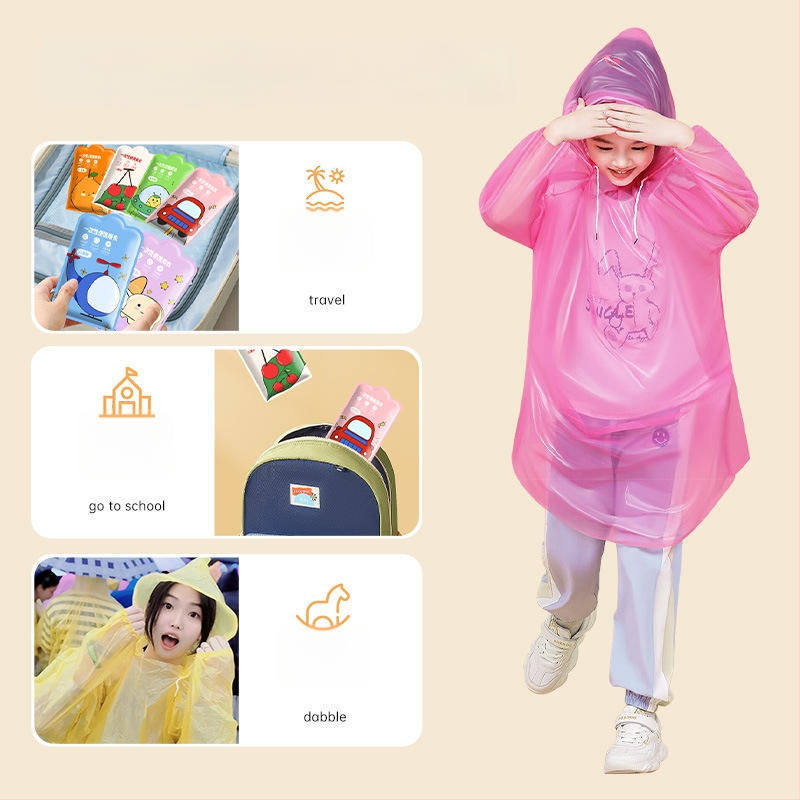 Laste ühekordselt kasutatav vihmamantel – cartoon stiilis, PVC kangas, veekindel PU liimikiht, sobib matkamiseks