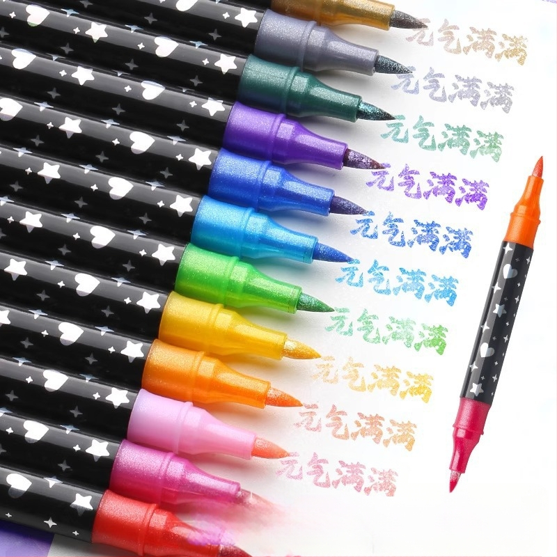 Kahekordse glitteri markerite komplekt pärlmutri otsikuga, vesivärvide ja akrüüll markerid; laia ots; täidetav (Bränd: Jiyu; 24 täite)