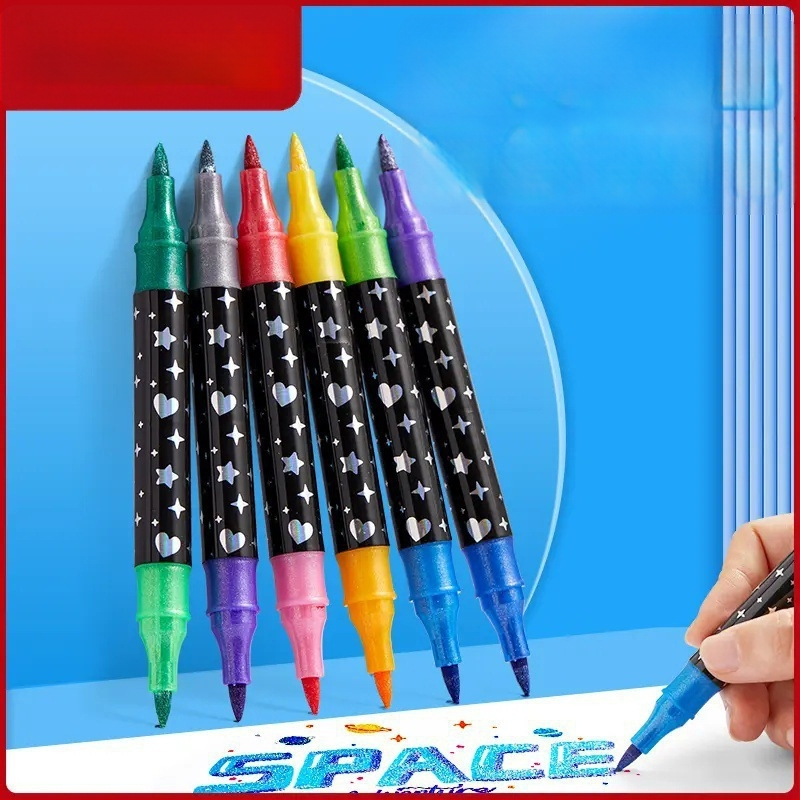 Kahekordse glitteri markerite komplekt pärlmutri otsikuga, vesivärvide ja akrüüll markerid; laia ots; täidetav (Bränd: Jiyu; 24 täite)