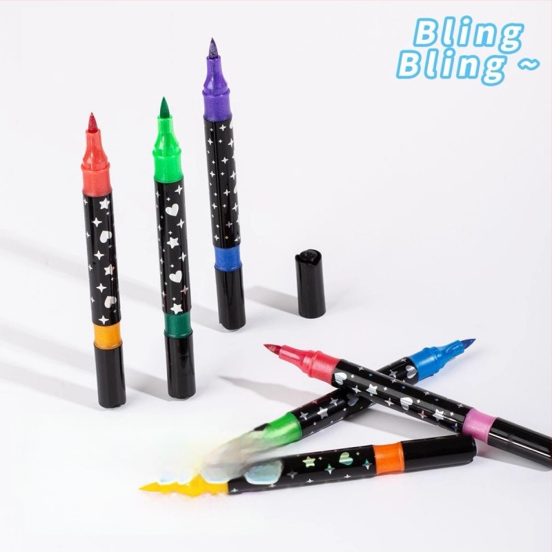 Kahekordse glitteri markerite komplekt pärlmutri otsikuga, vesivärvide ja akrüüll markerid; laia ots; täidetav (Bränd: Jiyu; 24 täite)