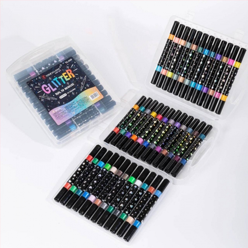 Kahekordse glitteri markerite komplekt pärlmutri otsikuga, vesivärvide ja akrüüll markerid; laia ots; täidetav (Bränd: Jiyu; 24 täite)