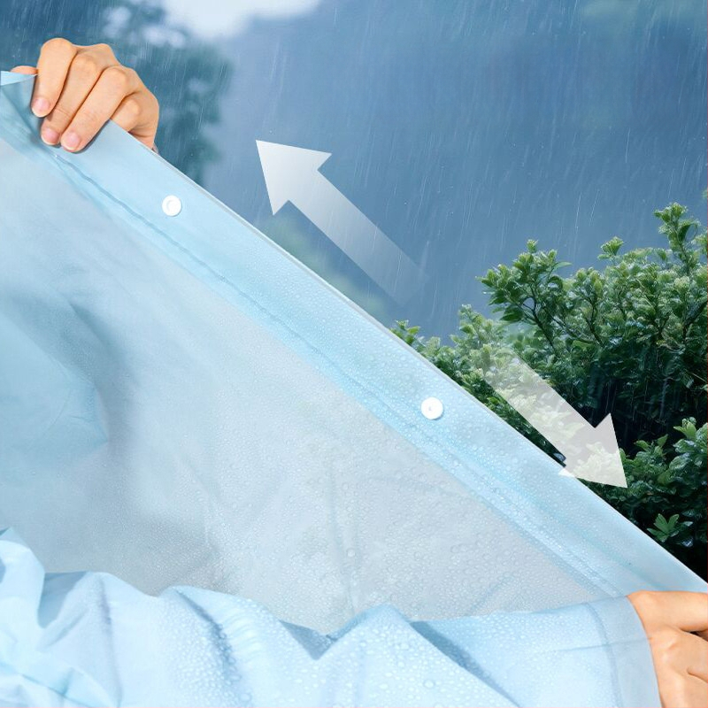 Ühekordne täiskasvanute vihmamantel väljakutseteks ja matkamiseks, PE kangas PE liimiga veekindla kihiga, tavaline paksus, ühe isiku ponšo