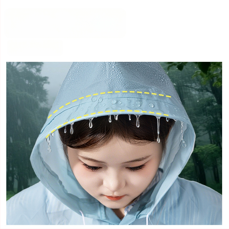 Ühekordne täiskasvanute vihmamantel väljakutseteks ja matkamiseks, PE kangas PE liimiga veekindla kihiga, tavaline paksus, ühe isiku ponšo