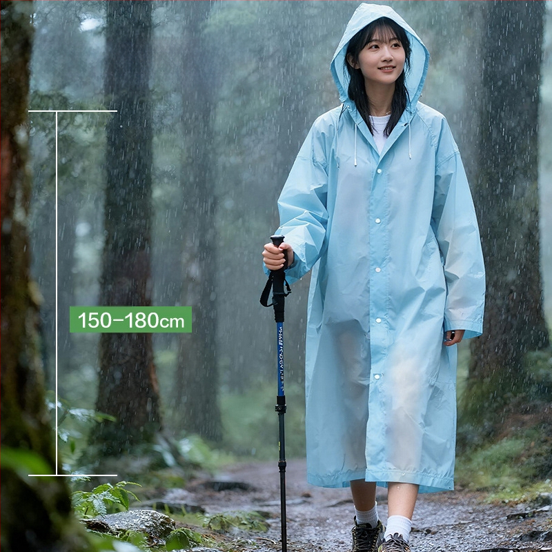 Ühekordne täiskasvanute vihmamantel väljakutseteks ja matkamiseks, PE kangas PE liimiga veekindla kihiga, tavaline paksus, ühe isiku ponšo