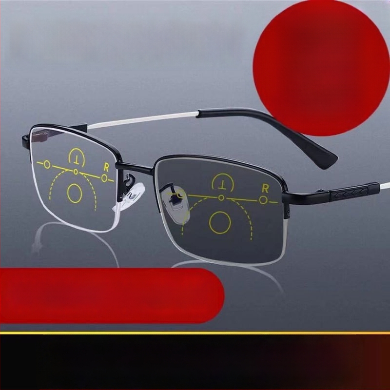 Lasīšanas briļļu ar progresīvu daudzfokālu, pret zilo gaismu, atmiņas titanija pusramis, PC lēcas