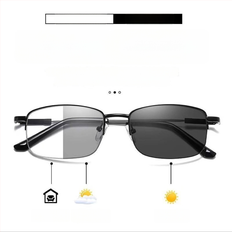 Lasīšanas briļļu ar progresīvu daudzfokālu, pret zilo gaismu, atmiņas titanija pusramis, PC lēcas