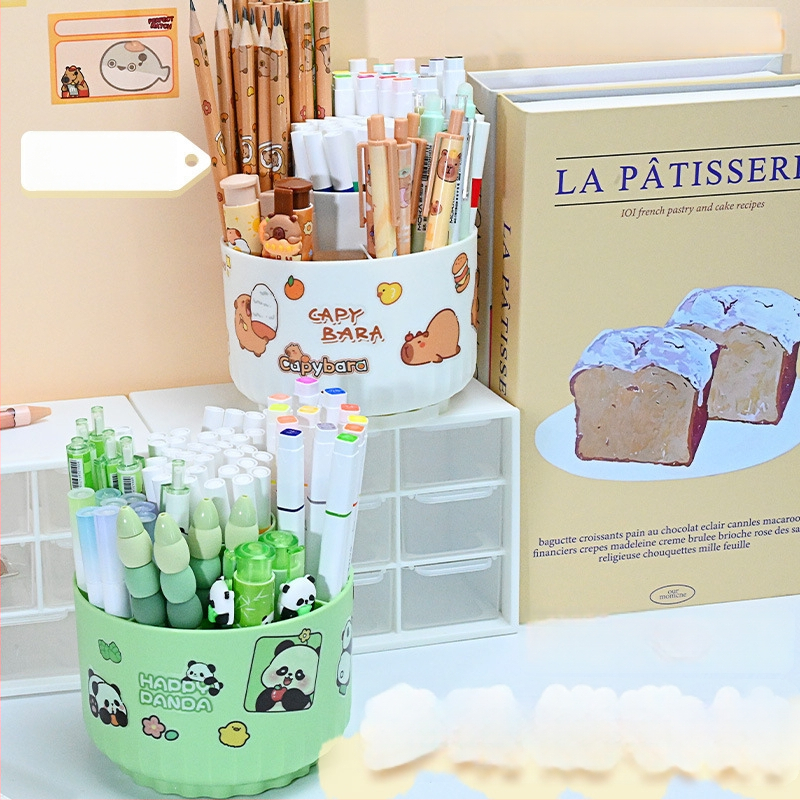 Sukasiantis rašiklių laikiklis su didele talpa, plastikinis, apvalios formos stalinis organizatorius, logotipo spausdinimo galimybė, modelis 01