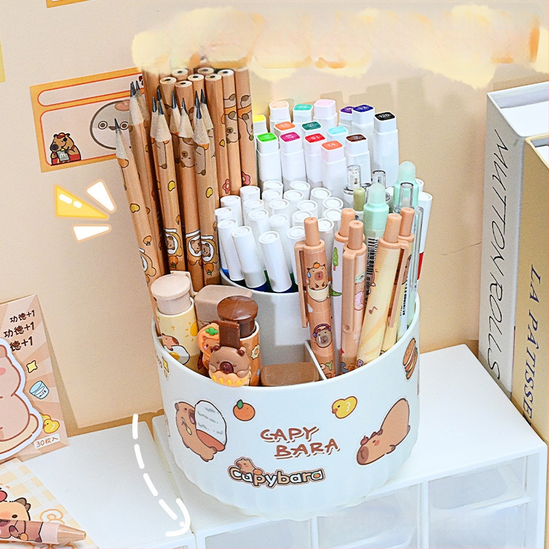 Sukasiantis rašiklių laikiklis su didele talpa, plastikinis, apvalios formos stalinis organizatorius, logotipo spausdinimo galimybė, modelis 01