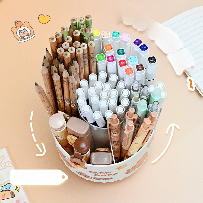 Sukasiantis rašiklių laikiklis su didele talpa, plastikinis, apvalios formos stalinis organizatorius, logotipo spausdinimo galimybė, modelis 01