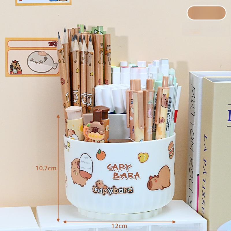 Sukasiantis rašiklių laikiklis su didele talpa, plastikinis, apvalios formos stalinis organizatorius, logotipo spausdinimo galimybė, modelis 01