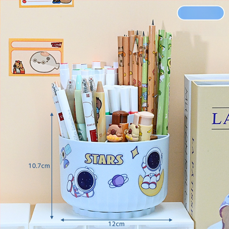 Sukasiantis rašiklių laikiklis su didele talpa, plastikinis, apvalios formos stalinis organizatorius, logotipo spausdinimo galimybė, modelis 01