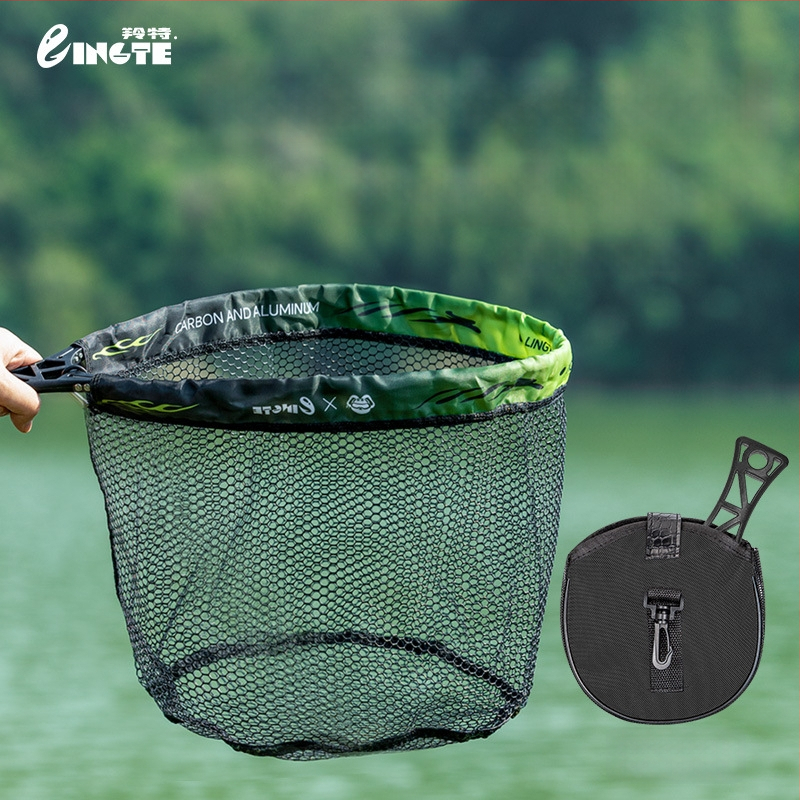 Kokkupandav kaasaskantav käsivõrk kalastamiseks – komplekt, 34 cm läbimõõduga ava, 28 cm sügavus, paks võrk ja metallist rõngas.