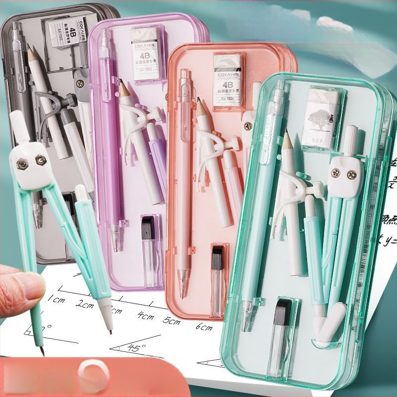 Geometrijos braižymo rinkinys: 4 dalių rinkinys – kompasas, liniuotė ir trikampiai