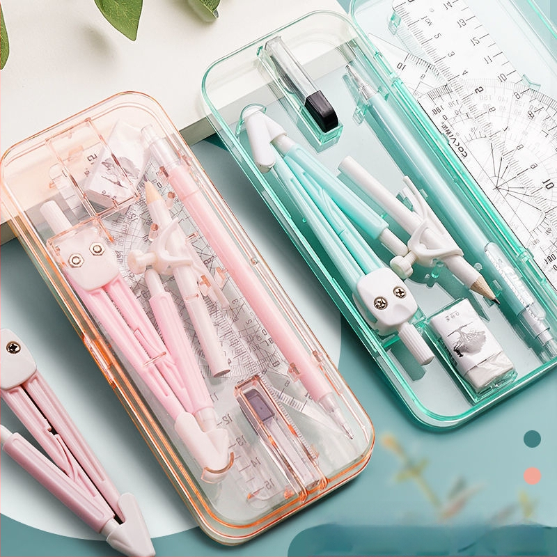 Geometrijos braižymo rinkinys: 4 dalių rinkinys – kompasas, liniuotė ir trikampiai