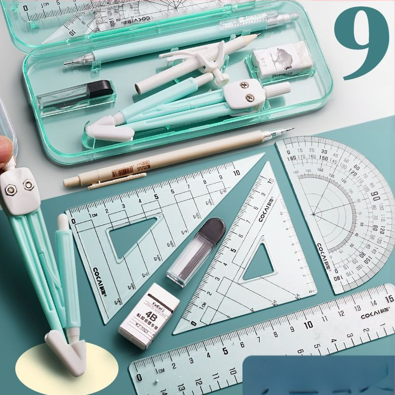 Geometrijos braižymo rinkinys: 4 dalių rinkinys – kompasas, liniuotė ir trikampiai