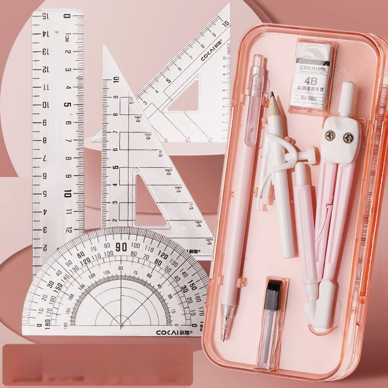 Geometrijos braižymo rinkinys: 4 dalių rinkinys – kompasas, liniuotė ir trikampiai